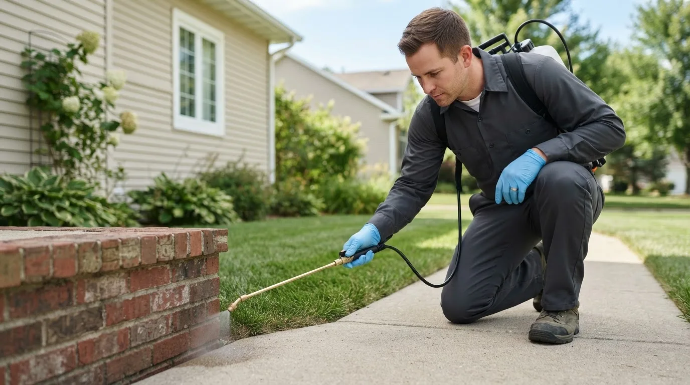 Pest control technician treating a home near Buena, WA
